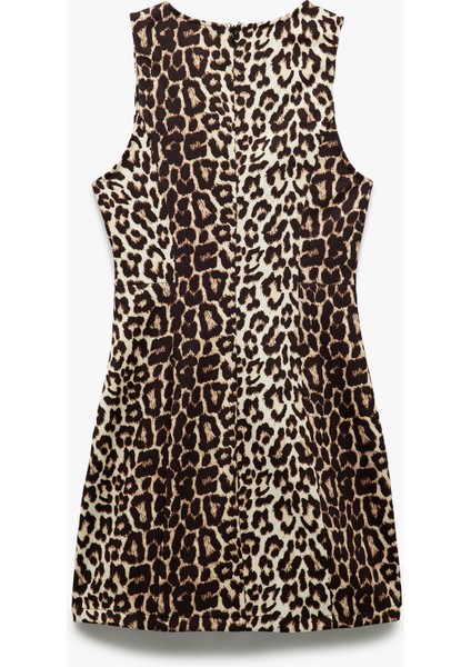 Kolsuz Slim Fit A Kesim Bisiklet Yaka Leopar Desenli Mini Elbise