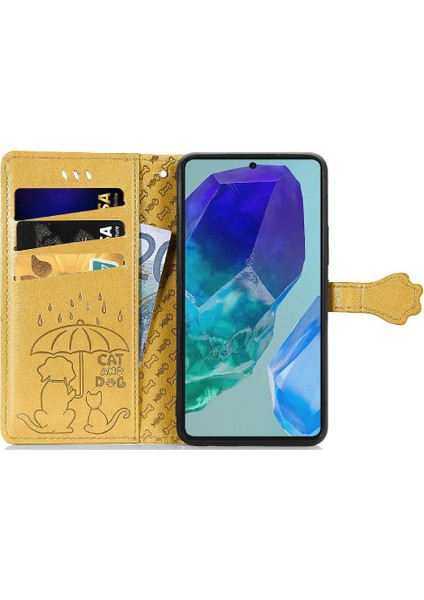 Samsung Galaxy M55 5g Sevimli Kedi Kabartmalı Premium Pu Deri Flip Darbeye Dayanıklı Cüzdan Manyetik Kılıf Kapağı Kart Yuvaları ile (Yurt Dışından)
