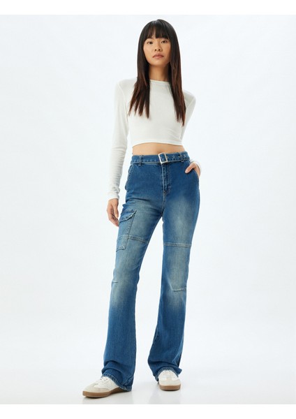 Ispanyol Paça Kot Pantolon Slim Fit Kargo Cepli Düğmeli Pamuklu - Flare Jeans