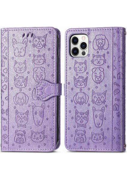 iPhone 12 / 12 Pro Sevimli Kedi Kabartmalı Premium Pu Deri Flip Darbeye Dayanıklı Cüzdan Manyetik Kılıf Kapağı Kart Yuvaları ile (Yurt Dışından)