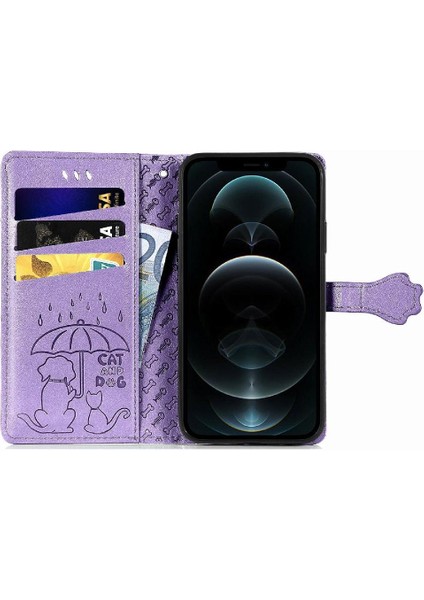iPhone 12 / 12 Pro Sevimli Kedi Kabartmalı Premium Pu Deri Flip Darbeye Dayanıklı Cüzdan Manyetik Kılıf Kapağı Kart Yuvaları ile (Yurt Dışından) modelleri