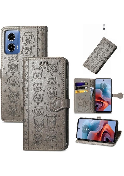 Motorola Moto G34 Sevimli Kedi Kabartmalı Premium Pu Deri Flip Darbeye Dayanıklı Cüzdan Manyetik Kılıf Kapağı Kart Yuvaları ile (Yurt Dışından)