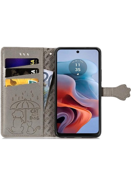 Motorola Moto G34 Sevimli Kedi Kabartmalı Premium Pu Deri Flip Darbeye Dayanıklı Cüzdan Manyetik Kılıf Kapağı Kart Yuvaları ile (Yurt Dışından)