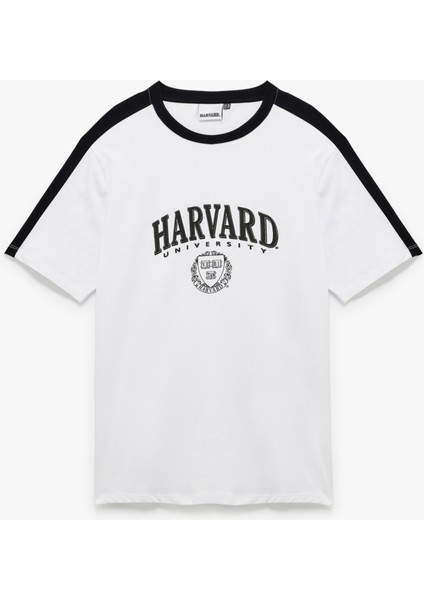 Kısa Kollu Pamuklu Regular Fit Şerit Detaylı Bisiklet Yaka Baskılı Lisanslı Harvard Tişört