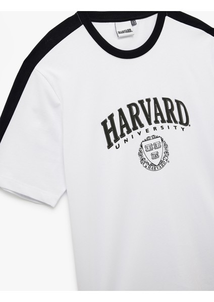 Kısa Kollu Pamuklu Regular Fit Şerit Detaylı Bisiklet Yaka Baskılı Lisanslı Harvard Tişört
