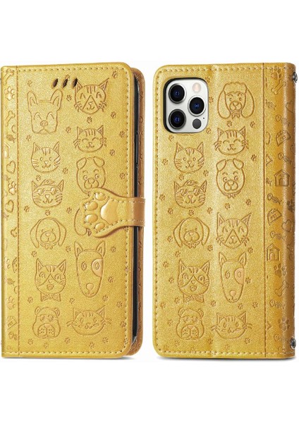 iPhone 12 / 12 Pro Sevimli Kedi Kabartmalı Premium Pu Deri Flip Darbeye Dayanıklı Cüzdan Manyetik Kılıf Kapağı Kart Yuvaları ile (Yurt Dışından)