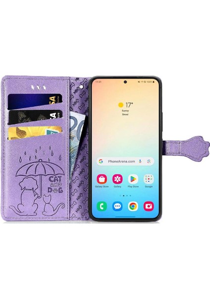 Samsung Galaxy S25 Sevimli Kedi Kabartmalı Premium Pu Deri Flip Darbeye Dayanıklı Cüzdan Manyetik Kılıf Kapağı Kart Yuvaları ile (Yurt Dışından)