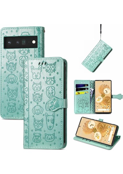 Google Pixel 6 Sevimli Kedi Kabartmalı Premium Pu Deri Flip Darbeye Dayanıklı Cüzdan Manyetik Kılıf Kapağı Kart Yuvaları ile (Yurt Dışından)