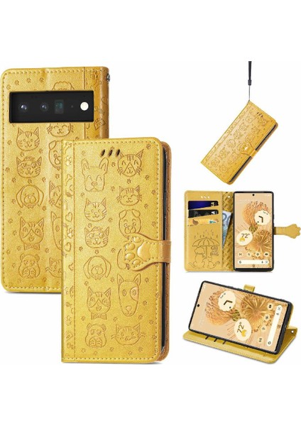Google Pixel 6 Sevimli Kedi Kabartmalı Premium Pu Deri Flip Darbeye Dayanıklı Cüzdan Manyetik Kılıf Kapağı Kart Yuvaları ile (Yurt Dışından)