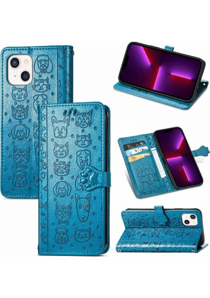 iPhone 13 Mini Sevimli Kedi Kabartmalı Premium Pu Deri Flip Darbeye Dayanıklı Cüzdan Manyetik Kılıf Kapağı Kart Yuvaları ile (Yurt Dışından)