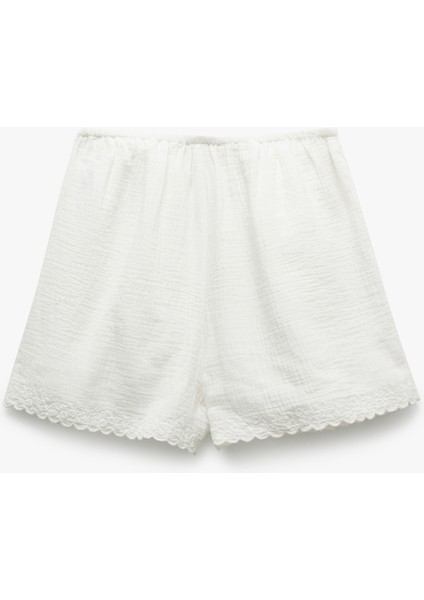 Bol Kesim Pamuklu Beli Bağlamalı Fistolu Brodeli Mini Müslin Şort indirimleri