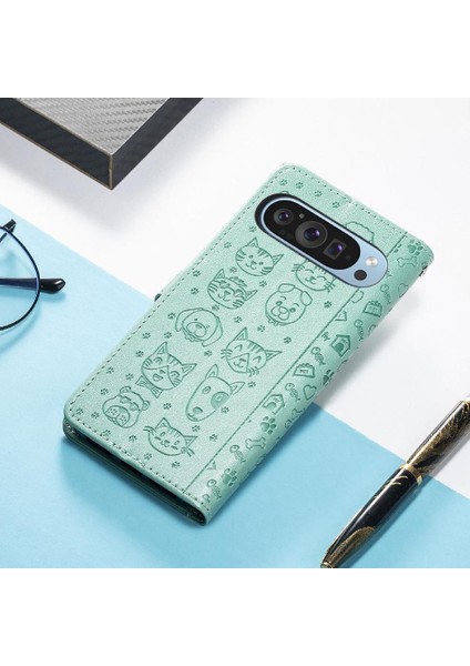 Pixel 9 Sevimli Kedi Kabartmalı Premium Pu Deri Flip Darbeye Dayanıklı Cüzdan Manyetik Kılıf Kapağı Kart Yuvaları ile (Yurt Dışından) modelleri
