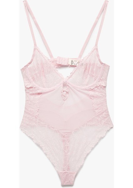 Transparan Balenli Dantelli Tül Bodysuit