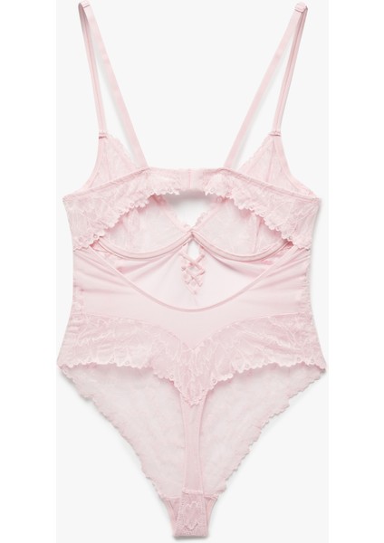 Transparan Balenli Dantelli Tül Bodysuit