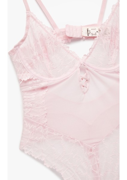 Transparan Balenli Dantelli Tül Bodysuit