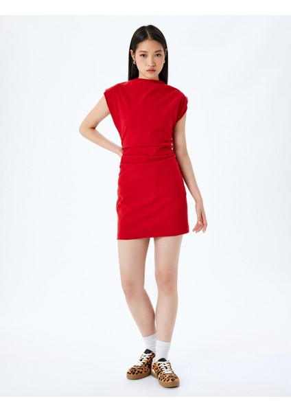 Dik Yaka Kolsuz Slim Fit Drapeli Mini Elbise