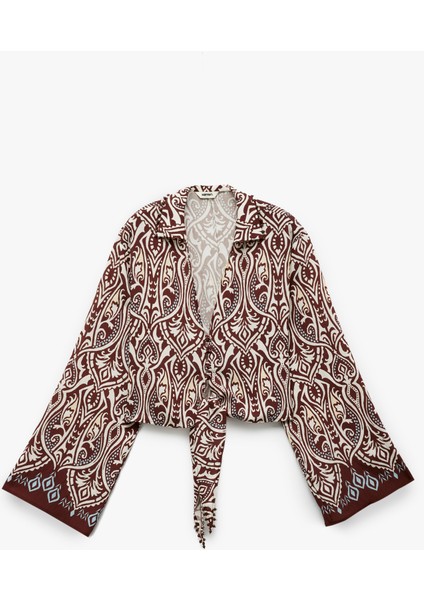 x Melis Ağazat - V Yaka Uzun Kollu Bol Kalıp Viskon Krop Desenli Gömlek modelleri