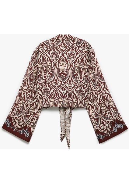 x Melis Ağazat - V Yaka Uzun Kollu Bol Kalıp Viskon Krop Desenli Gömlek fırsatları