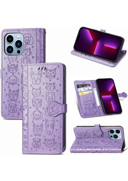 iPhone 13 Promax Sevimli Kedi Kabartmalı Premium Pu Deri Flip Darbeye Dayanıklı Cüzdan Manyetik Kılıf Kapağı Kart Yuvaları ile (Yurt Dışından)