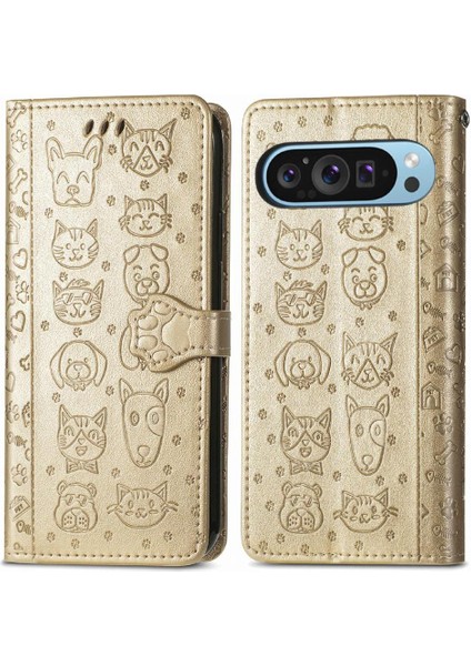 Pixel 9 Sevimli Kedi Kabartmalı Premium Pu Deri Flip Darbeye Dayanıklı Cüzdan Manyetik Kılıf Kapağı Kart Yuvaları ile (Yurt Dışından)