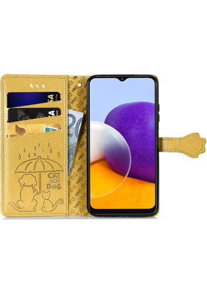 Samsung Galaxy A22 5g Sevimli Kedi Kabartmalı Premium Pu Deri Flip Darbeye Dayanıklı Cüzdan Manyetik Kılıf Kapağı Kart Yuvaları ile (Yurt Dışından)