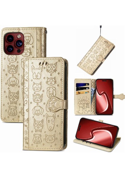 iPhone 15 Pro Sevimli Kedi Kabartmalı Premium Pu Deri Flip Darbeye Dayanıklı Cüzdan Manyetik Kılıf Kapağı Kart Yuvaları ile (Yurt Dışından)