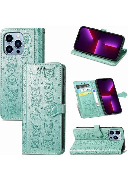 iPhone 13 Promax Sevimli Kedi Kabartmalı Premium Pu Deri Flip Darbeye Dayanıklı Cüzdan Manyetik Kılıf Kapağı Kart Yuvaları ile (Yurt Dışından)