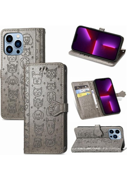 iPhone 13 Promax Sevimli Kedi Kabartmalı Premium Pu Deri Flip Darbeye Dayanıklı Cüzdan Manyetik Kılıf Kapağı Kart Yuvaları ile (Yurt Dışından)