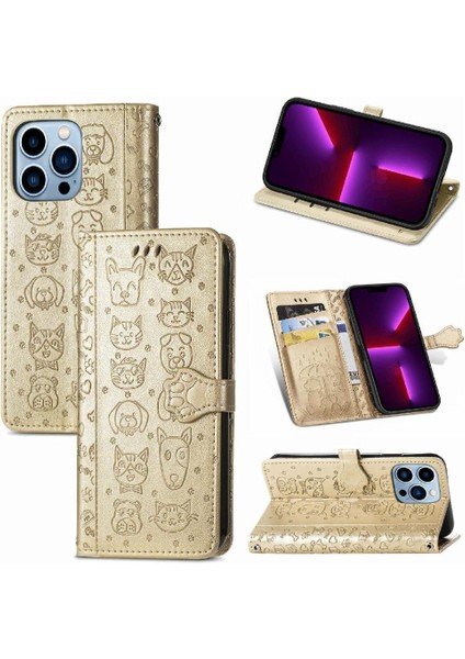 iPhone 13 Promax Sevimli Kedi Kabartmalı Premium Pu Deri Flip Darbeye Dayanıklı Cüzdan Manyetik Kılıf Kapağı Kart Yuvaları ile (Yurt Dışından)