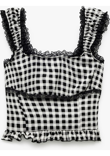 Dantel Detaylı Pötikareli Kare Yaka Kolsuz Fırfırlı Bürümcük Crop Bluz modelleri