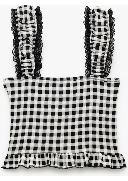 Dantel Detaylı Pötikareli Kare Yaka Kolsuz Fırfırlı Bürümcük Crop Bluz fırsatları