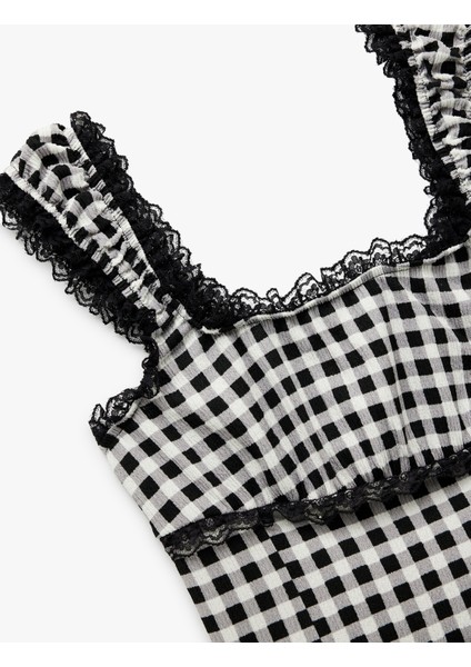 Dantel Detaylı Pötikareli Kare Yaka Kolsuz Fırfırlı Bürümcük Crop Bluz indirimleri