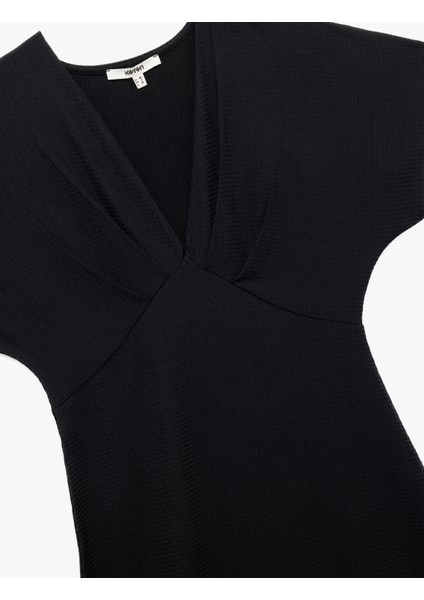 Bürümcük Kumaş Dokulu Kısa Kollu Uzun V Yaka Elbise modelleri