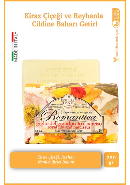 Sabun Romantica Kiraz Çiçeği ve Reyhan kokusu Vegan Bakım 250 g