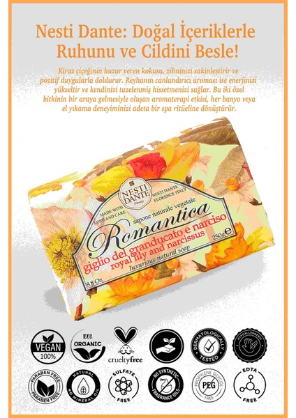 Sabun Romantica Kiraz Çiçeği ve Reyhan kokusu Vegan Bakım 250 g indirimleri