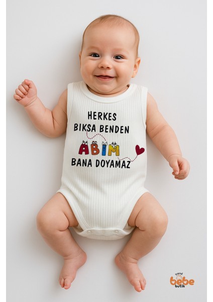 Abim Bana Doyamaz Yazılı Erkek Bebek Atlet Body Ribana Kumaş Çıtçıtlı Yazlık Pamuklu Zıbın 6-36 Ay