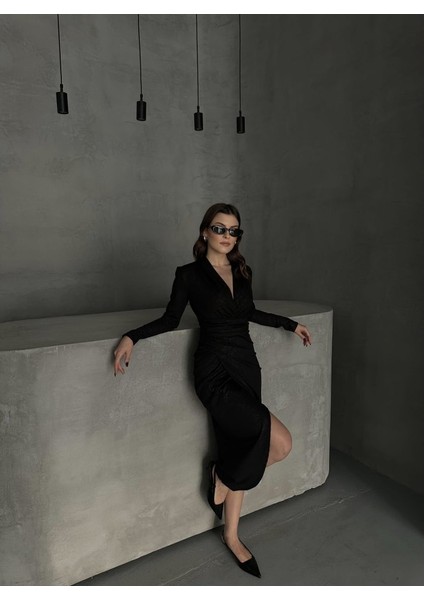 Drape Detaylı Midi Elbise