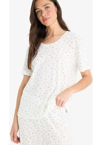 Regular Fit Pijama Takımı Kısa Kollu Üst Esnek Belli Uzun Alt-Fall in Love F4162AX25SM