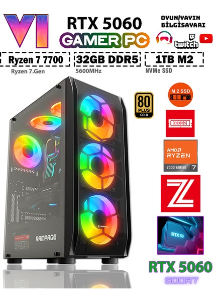 GTA-VI X8 ✔ Ryzen 7 7700 DDR5 32GB 5600MHZ Ram 1TB M.2 Nvme SSD 8GB GDDR7 RTX5060 Ekran Kartı Premium Masaüstü Bilgisayar