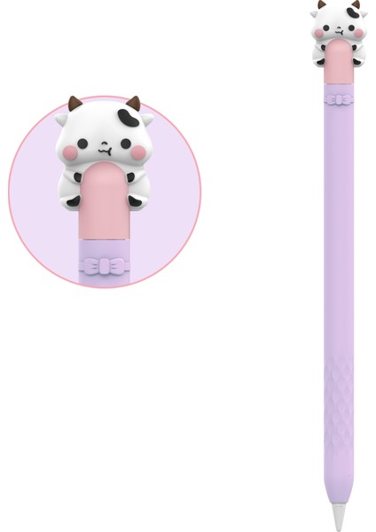 Ahastyle PT129-1 Apple Pencil (1. Nesil) Stylus Kalem Kapağı Karikatür Hayvan Silikon Koruyucu Kılıf-Mor Inek (Yurt Dışından)