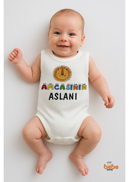 Amcasının Aslanı Yazılı Erkek Bebek Çıtçıtlı Zıbın Body | 6-36 Ay | Pamuk Yazlık Atlet Tulum