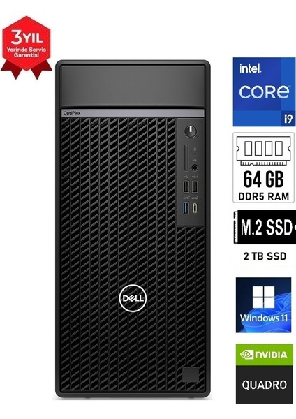 Optiplex Tower Plus 7020 Intel Core I9 14900 64 GB Ram 2 Tb SSD Quadro Rtx 16 GB A2000 Ada Generation Windows 11 Pro Masaüstü Bilgisayar