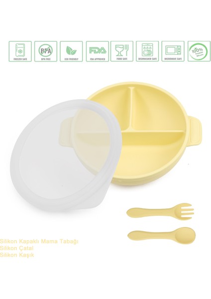Jojobebek Silikon Beslenme Seti Vakumlu Silikon Mama Tabağı (Kapaklı), Silikon Çatal ve Kaşık /sarı