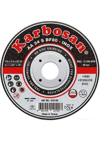 10 Adet Paslanmaz Çelik Taş ( Inox ) Kesme Diski- Aa 54 R BF80 115 x 1.0 x 22.23