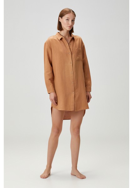 Lino Keten Gömlek Pijama Taba Rengi