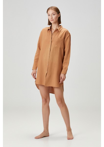 Lino Keten Gömlek Pijama Taba Rengi modelleri