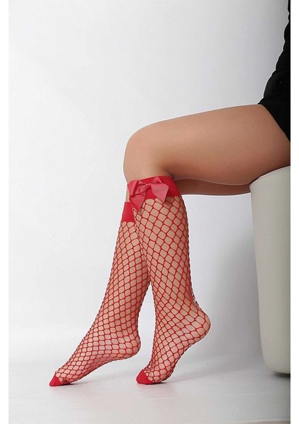 Kırmızı Fileli Diz Altı Fiyonklu Kız Çocuk Çorap