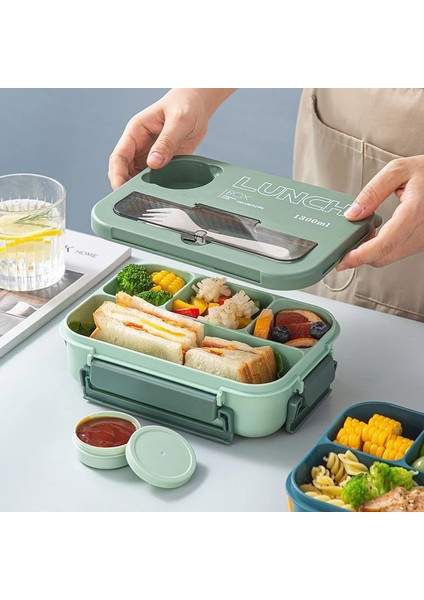 Bölmeli Öğle Yemeği Kutusu Plastik Taşınabilir Öğle Yemeği Kutusu Öğrenci Ofis Bento Kutusu Mikrodalga Gıda Kapları Çubuklar Çatal Kaşık (Yurt Dışından)