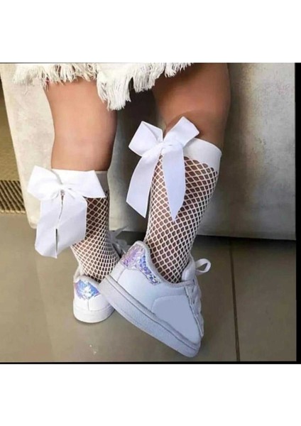 Beyaz Fileli Diz Altı Fiyonklu Kız Çocuk Çorap fiyatları
