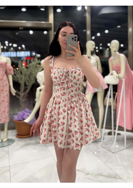 Sweety Önü Bağlamalı Çiçek Desenli Mini Elbise Krem